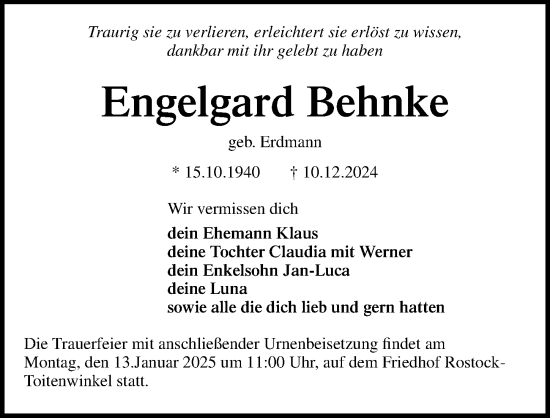 Traueranzeige von Engelgard Behnke von Ostsee-Zeitung GmbH