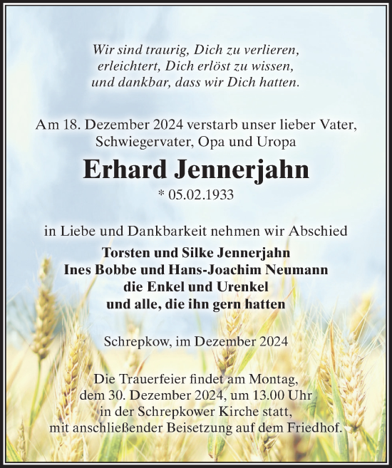 Traueranzeige von Erhard Jennerjahn von Wochenspiegel