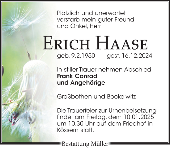 Traueranzeige von Erich Haase von Leipziger Volkszeitung