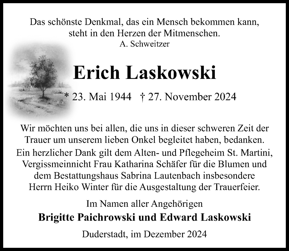  Traueranzeige für Erich Laskowski vom 14.12.2024 aus Eichsfelder Tageblatt
