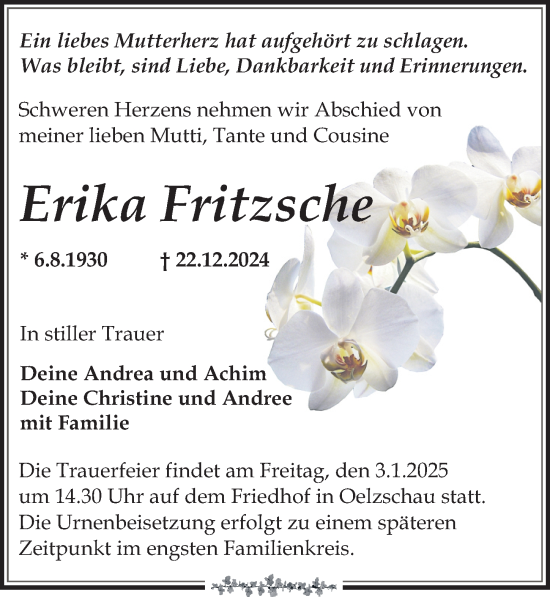 Traueranzeige von Erika Fritzsche von Leipziger Volkszeitung