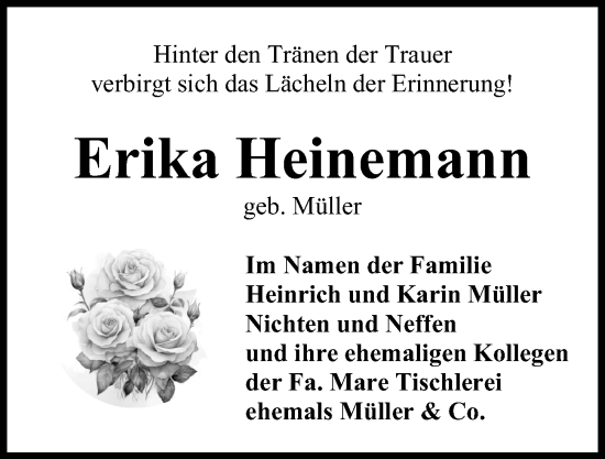 Traueranzeige von Erika Heinemann von Kieler Nachrichten