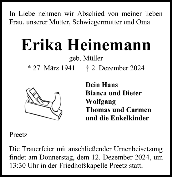 Traueranzeige von Erika Heinemann von Kieler Nachrichten