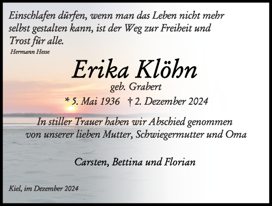 Traueranzeige von Erika Klöhn von Kieler Nachrichten