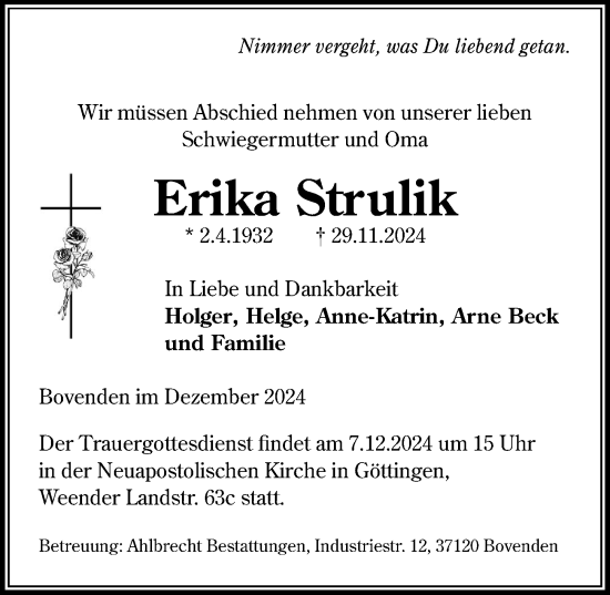 Traueranzeige von Erika Strulik von Göttinger Tageblatt