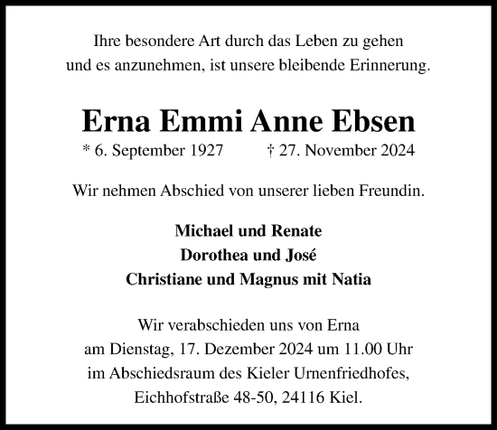 Traueranzeige von Erna Emmi Anne Ebsen von Kieler Nachrichten