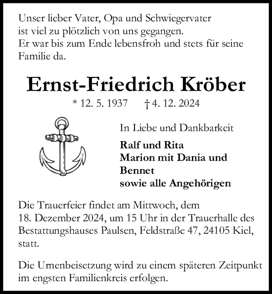 Traueranzeige von Ernst-Friedrich Kröber von Kieler Nachrichten