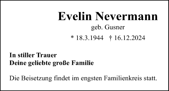 Traueranzeige von Evelin Nevermann von Ostsee-Zeitung GmbH