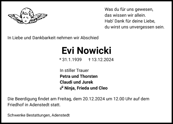 Traueranzeige von Evi Nowicki von Peiner Allgemeine Zeitung