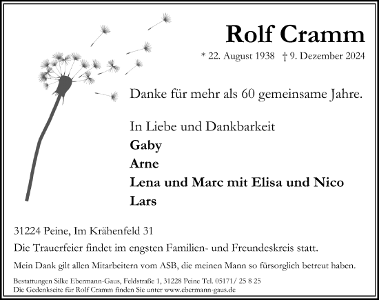 Traueranzeige von Rolf Cramm von Peiner Allgemeine Zeitung