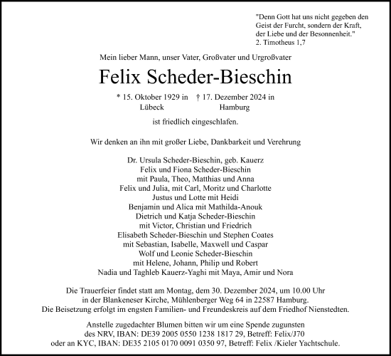 Traueranzeige von Felix Scheder-Bieschin von Kieler Nachrichten