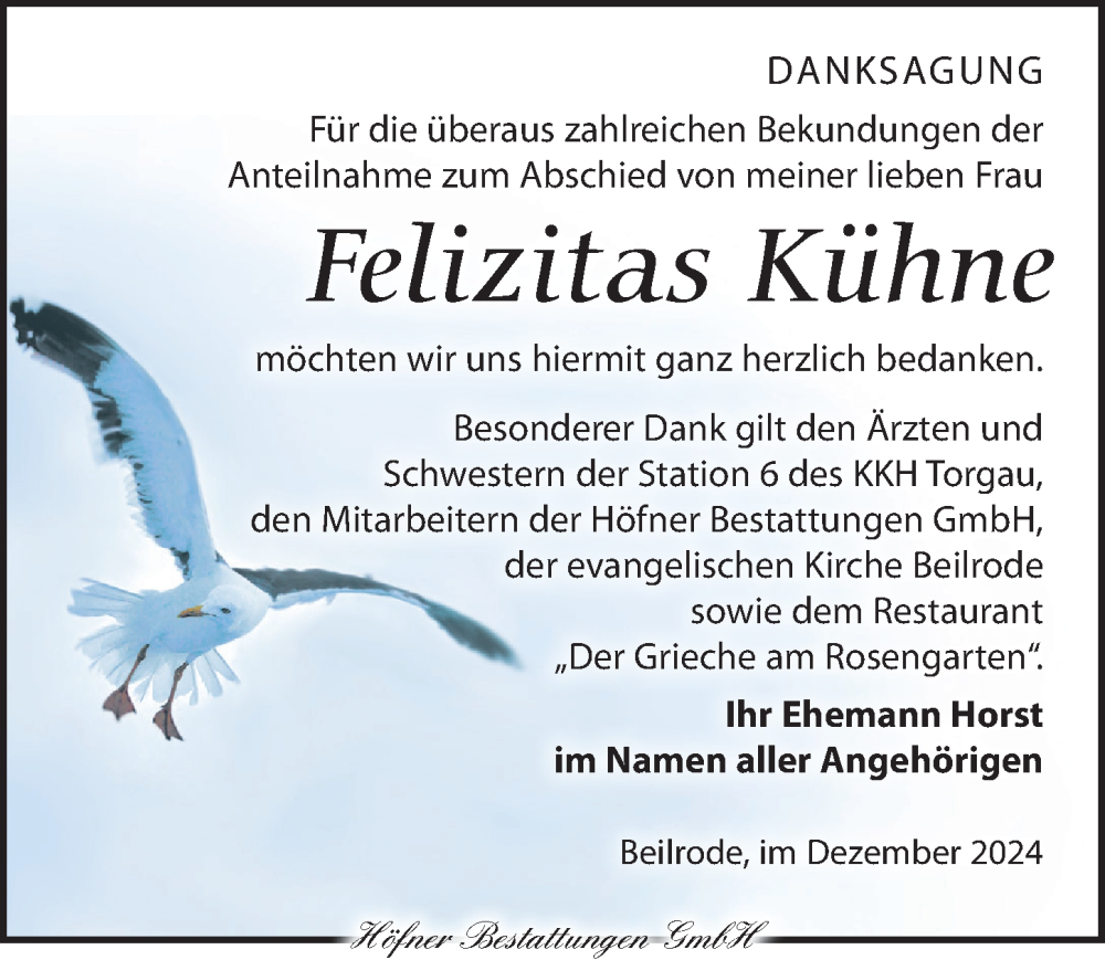  Traueranzeige für Felizitas Kühne vom 14.12.2024 aus Torgauer Zeitung