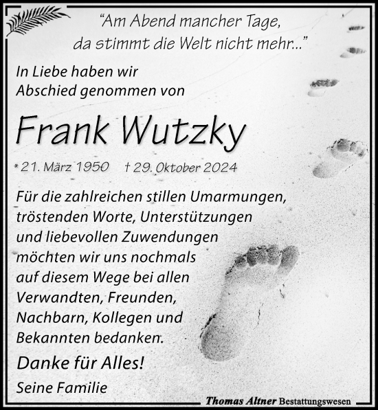 Traueranzeige von Frank Wutzky von Leipziger Volkszeitung