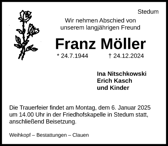 Traueranzeige von Franz Möller von Peiner Allgemeine Zeitung