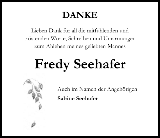 Traueranzeige von Fredy Seehafer von Kieler Nachrichten