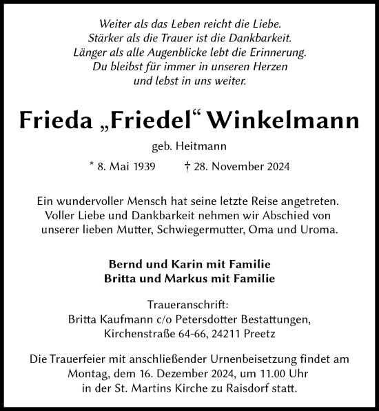 Traueranzeige von Frieda Winkelmann von Kieler Nachrichten