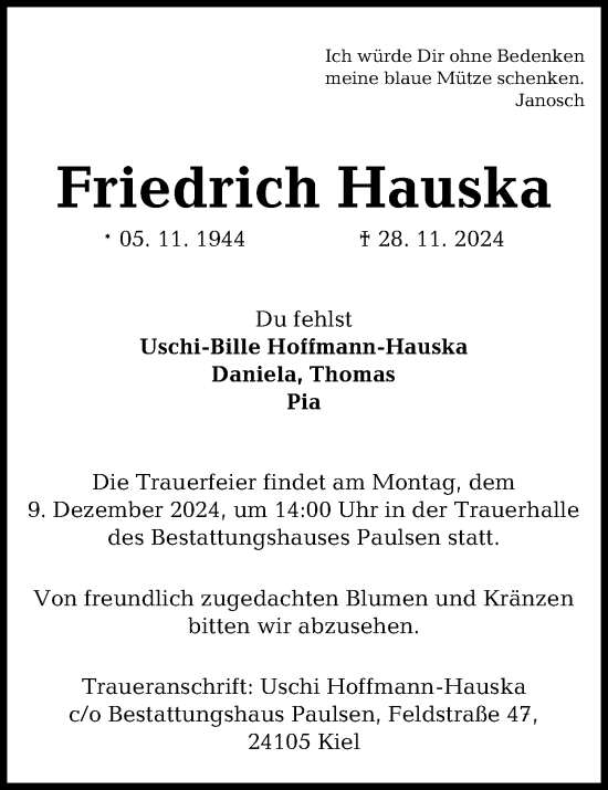 Traueranzeige von Friedrich Hauska von Kieler Nachrichten