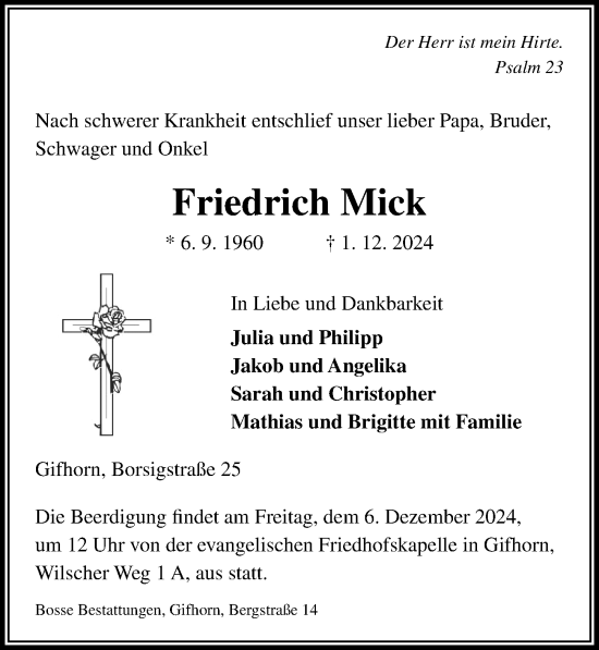 Traueranzeige von Friedrich Mick von Aller Zeitung