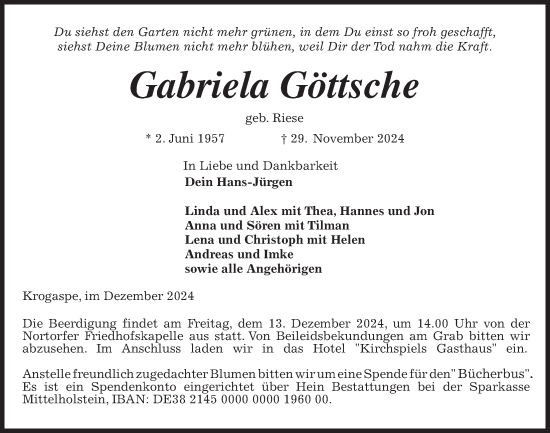 Traueranzeige von Gabriela Göttsche von Kieler Nachrichten