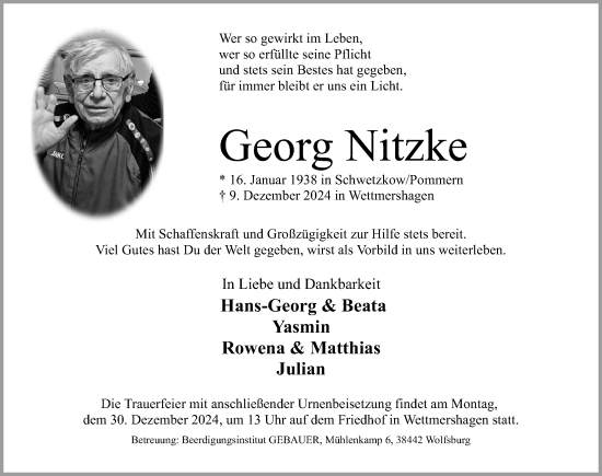 Traueranzeige von Georg Nitzke von Aller Zeitung