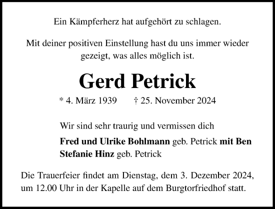 Traueranzeige von Gerd Petrick von Lübecker Nachrichten