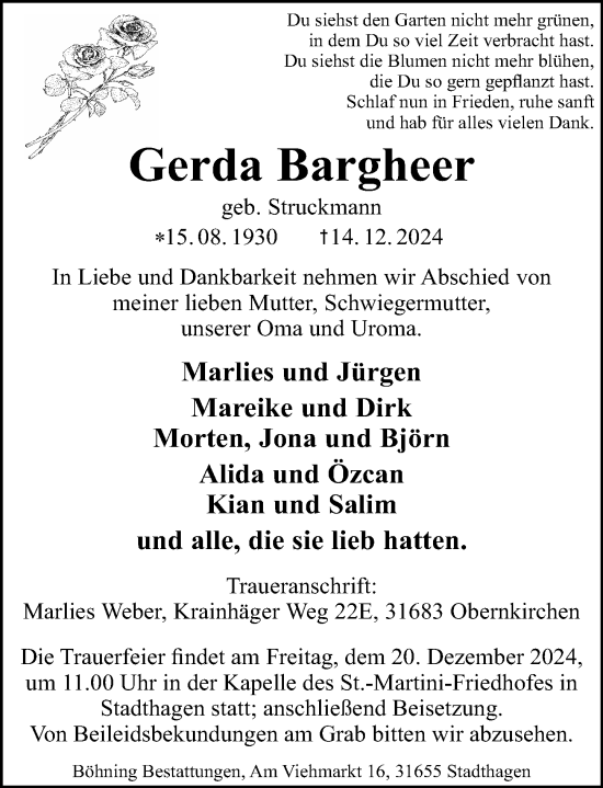 Traueranzeige von Gerda Bargheer von Schaumburger Nachrichten