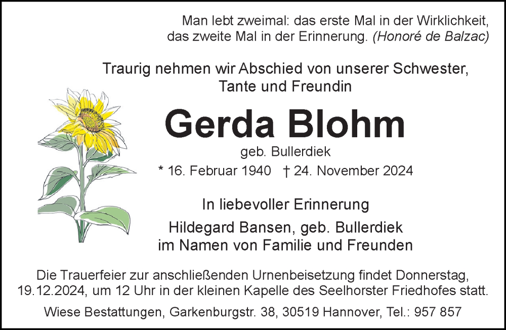  Traueranzeige für Gerda Blohm vom 14.12.2024 aus Hannoversche Allgemeine Zeitung/Neue Presse