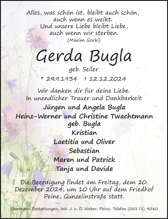 Traueranzeige von Gerda Bugla von Peiner Allgemeine Zeitung