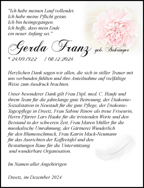 Traueranzeige von Gerda Franz