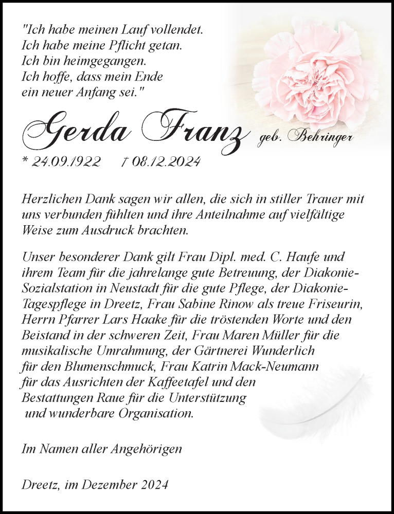  Traueranzeige für Gerda Franz vom 28.12.2024 aus Wochenspiegel