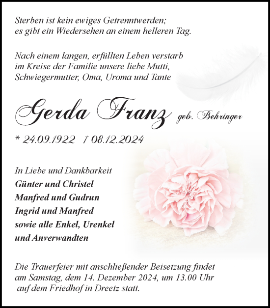 Traueranzeige von Gerda Franz von Wochenspiegel