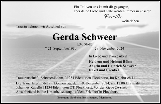 Traueranzeige von Gerda Schweer von Peiner Allgemeine Zeitung