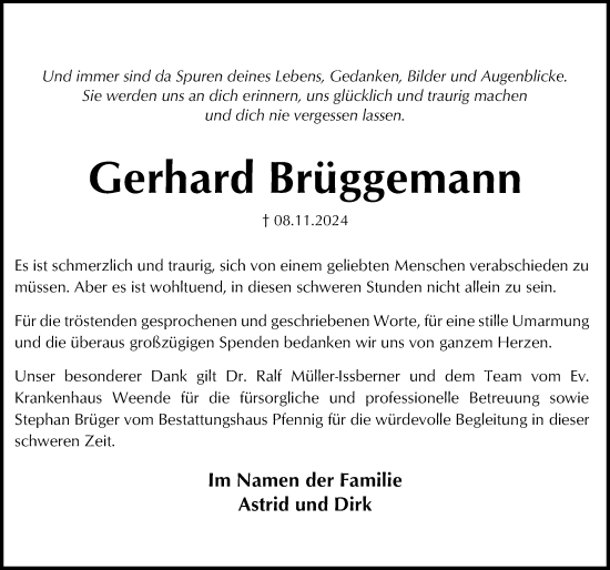 Traueranzeige von Gerhard Brüggemann von Göttinger Tageblatt