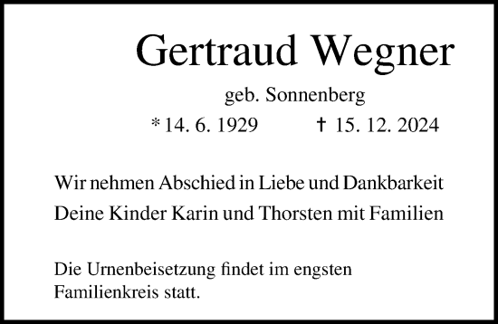 Traueranzeige von Gertraud Wegner von Ostsee-Zeitung GmbH