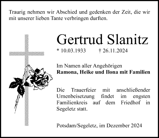 Traueranzeige von Gertrud Slanitz von Wochenspiegel