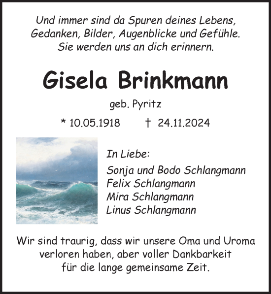 Traueranzeige von Gisela Brinkmann von Lübecker Nachrichten