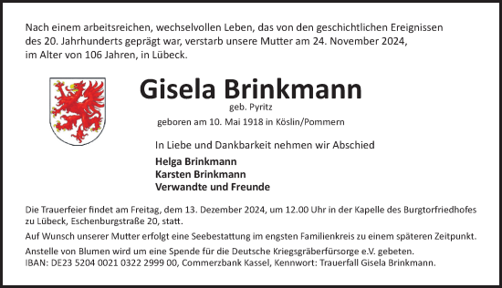 Traueranzeige von Gisela Brinkmann von Lübecker Nachrichten