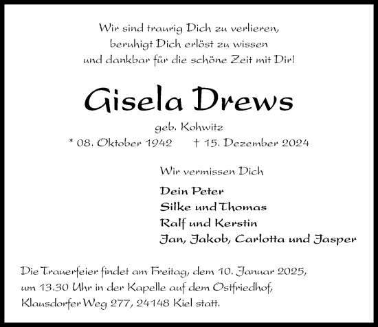 Traueranzeige von Gisela Drews von Kieler Nachrichten