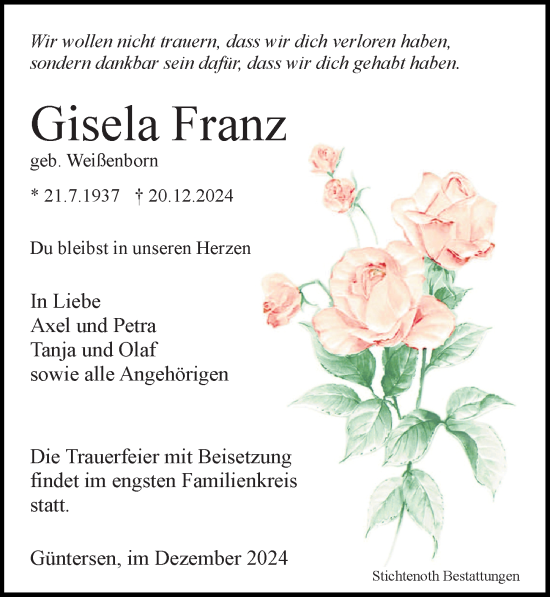 Traueranzeige von Gisela Franz von Göttinger Tageblatt