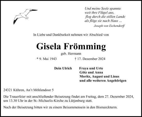 Traueranzeige von Gisela Frömming von Kieler Nachrichten