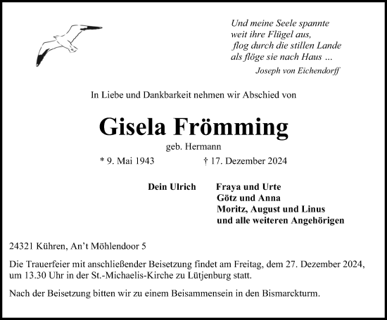 Traueranzeige von Gisela Frömming von Lübecker Nachrichten