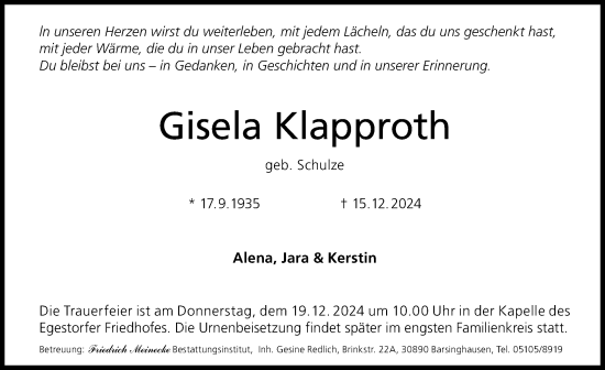 Traueranzeige von Gisela Klapproth von Hannoversche Allgemeine Zeitung/Neue Presse