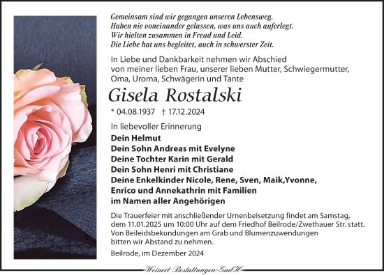 Traueranzeige von Gisela Rostalski von Torgauer Zeitung