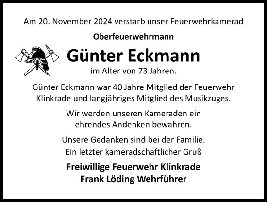 Traueranzeige von Günter Eckmann von Lübecker Nachrichten