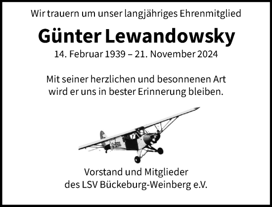 Traueranzeige von Günter Lewandowsky von Schaumburger Nachrichten und Schaumburger Zeitung/ Landes-Zeitung