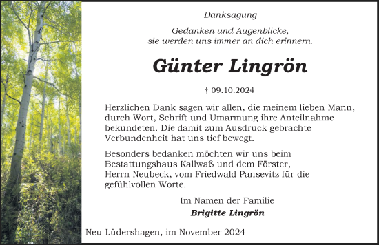 Traueranzeige von Günter Lingrön von Ostsee-Zeitung GmbH