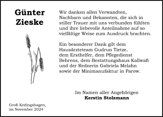 Traueranzeige von Günter Zieske von Ostsee-Zeitung GmbH