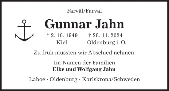 Traueranzeige von Gunnar Jahn von Kieler Nachrichten