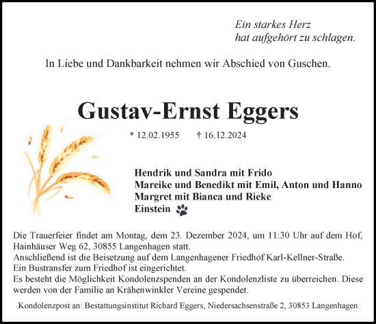 Traueranzeige von Gustav-Ernst Eggers von Hannoversche Allgemeine Zeitung/Neue Presse