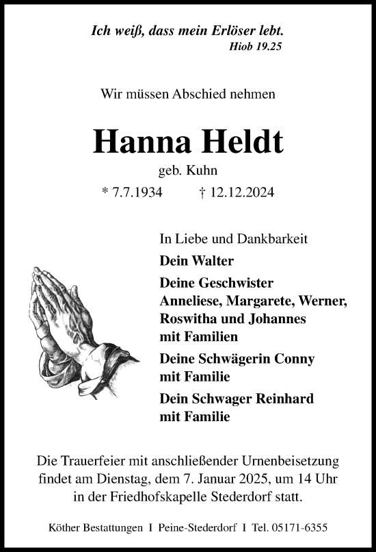 Traueranzeige von Hanna Heldt von Peiner Allgemeine Zeitung